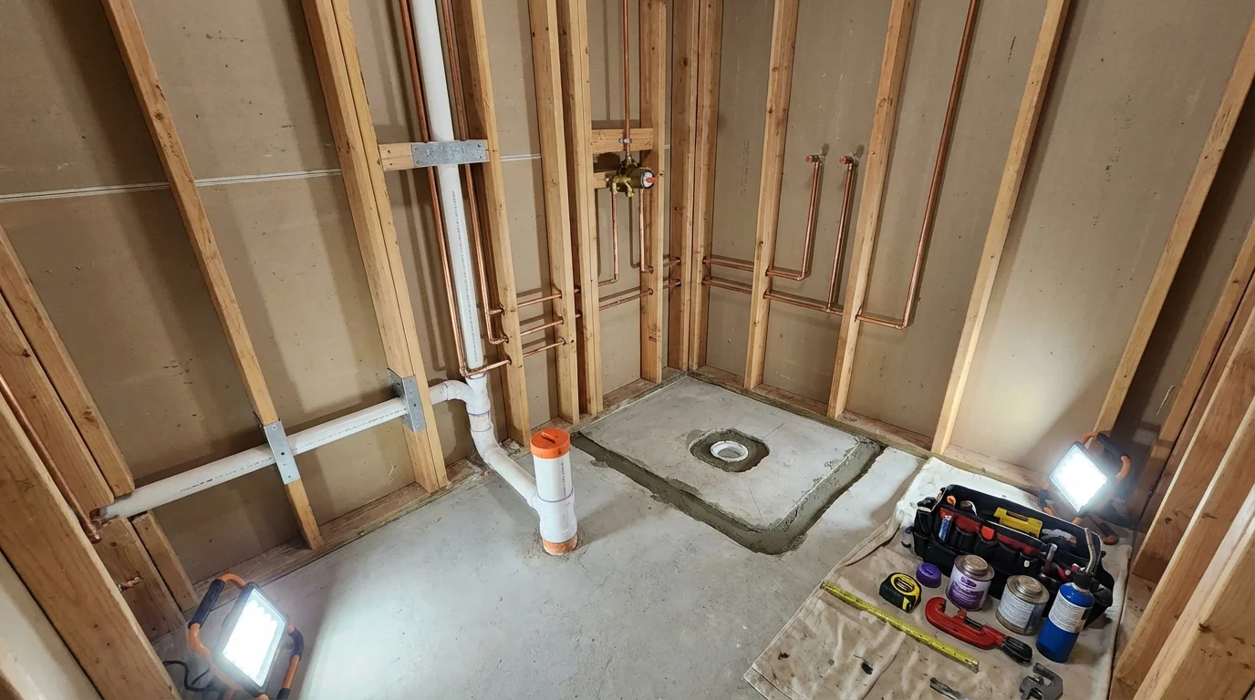 Bathroom rough-in plumbing during remodel by Johns Plumbing LLC in Albemarle
