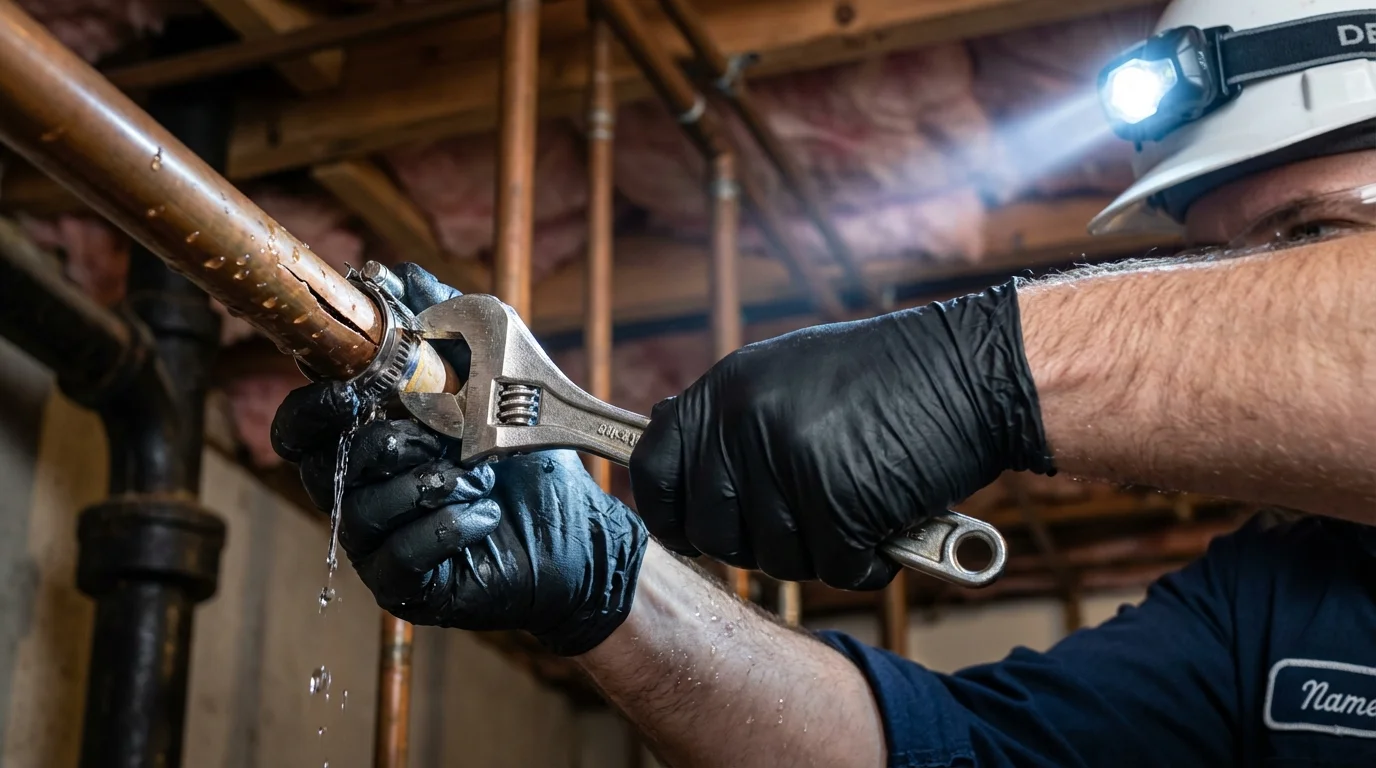 Emergency pipe clamp repair being performed by a Johns Plumbing LLC plumber in Albemarle