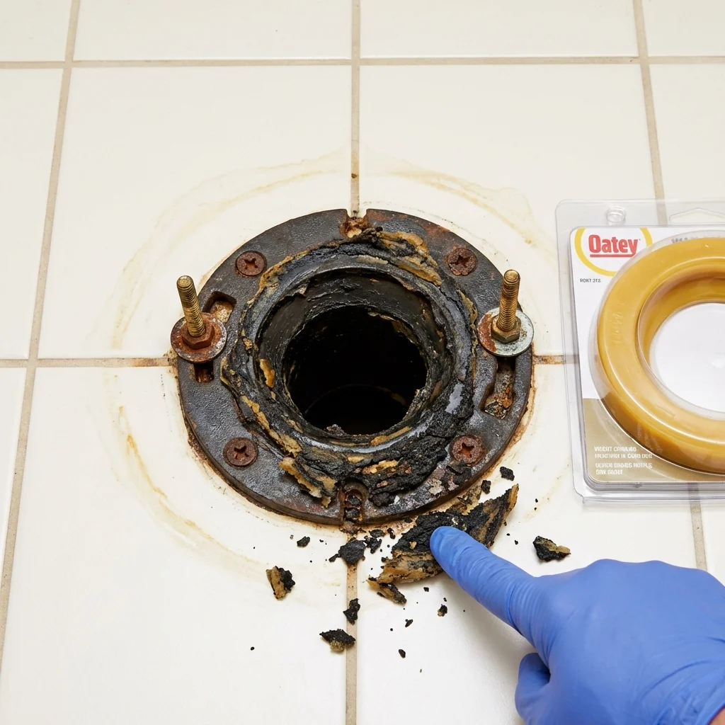 Failed wax ring showing water seepage at the base of a toilet in a Albemarle, NC home