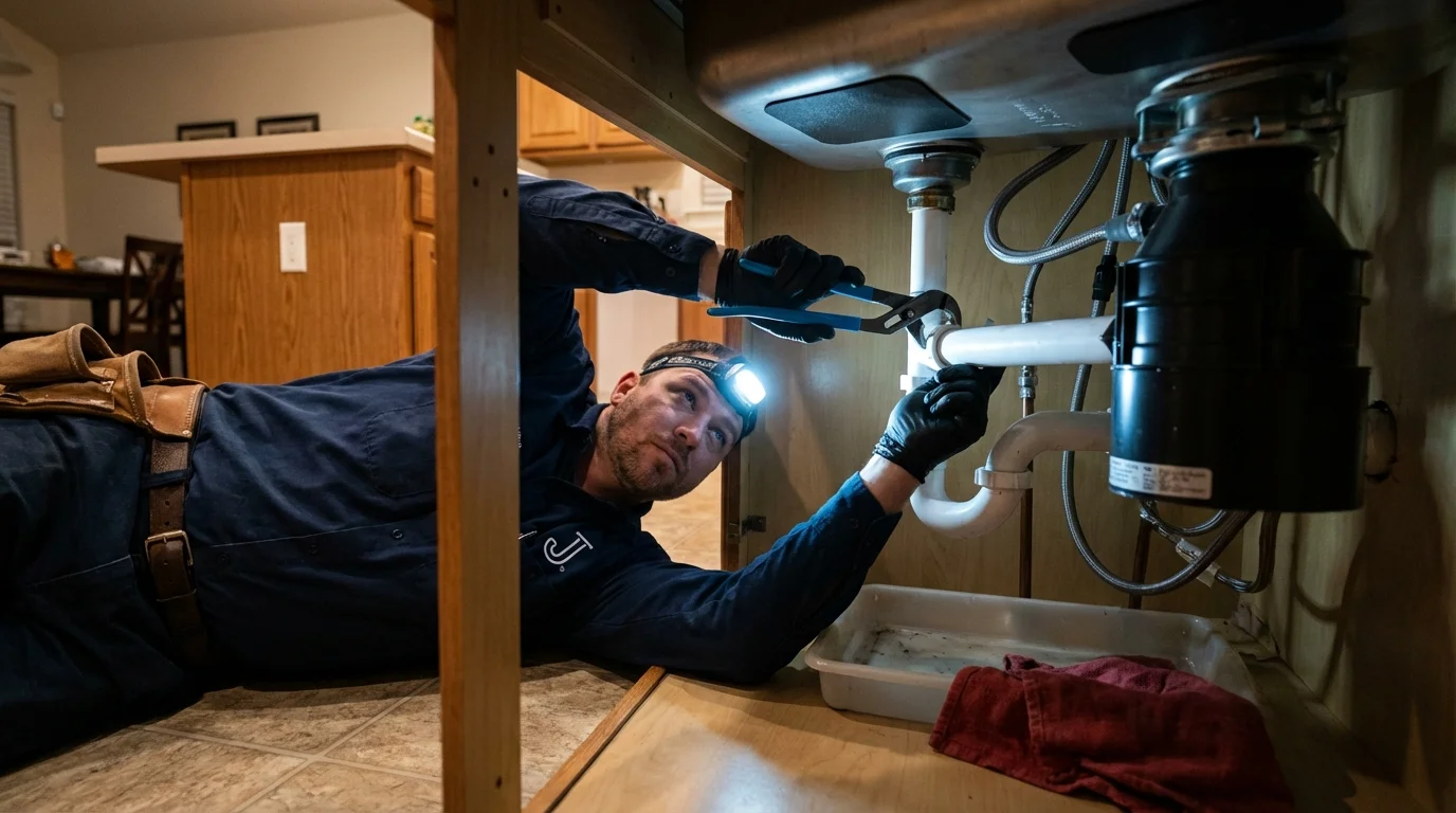 P-trap and supply line connections under a kitchen sink showing a common leak point in Albemarle, NC